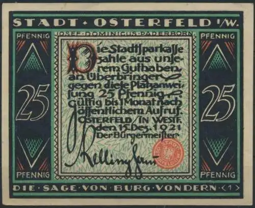 Notgeldschein Stadt Osterfeld 25 Pfennig Burg Vondern Grabowski 1033.2 Bild 1