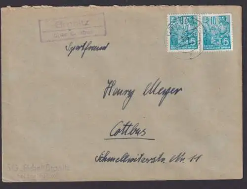 Branitz über Cottbus Brandenburg DDR Brief Landpoststempel n. Cottbus