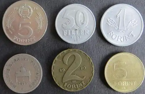 6 Münzen Ungarn 1894-1993 20 Filler - 5 Forint