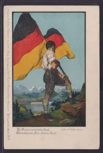 Ansichtskarte n. Wien Künstlerkarte Lith. D. Rohr Mann Fahne vor Bergpanorama