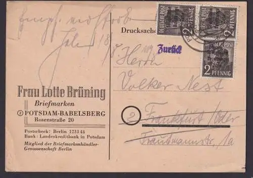 SBZ Retour MEF 182 Arbeiter Aufdruck Postkarte Potsdam Babelsberg