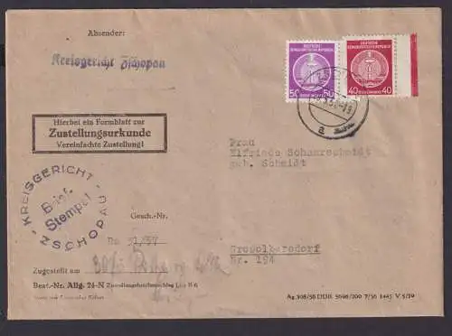 DDR Dienst MIF 40 + 50 Pfg. Tschopau Zustellurkunde 29.5.1957