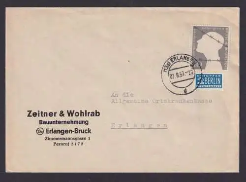 Bund EF 165 Kriegsgefangene Erlangen Bruck Brief Notopfer selt. Vigentte 10 Pfg.