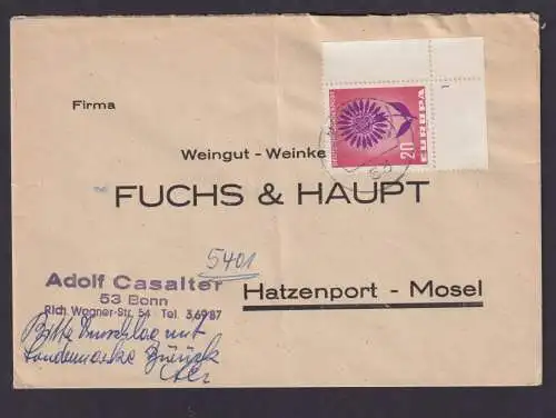 Bund Bonn Brief EF Bogenecke Eckrand Formnummer Hatzenport Mosel Block Eckrand