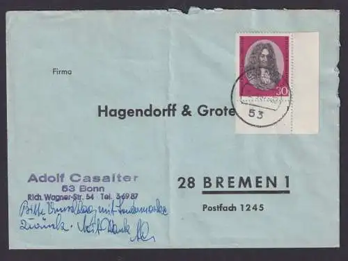 Bund Bonn Brief EF 518 Bogenecke Eckrand Formnummer nach Bremen