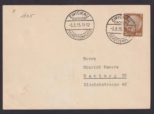 Deutsches Reich Brief Zwickau Sachsen SST Schützenplatz Hamburg