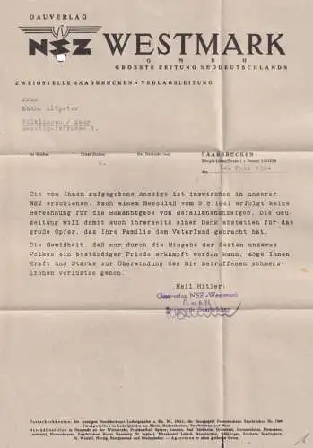 Deutsches Reich Niederwörresbach Brief Völklingen Saar Original Inhalt NSZ mit