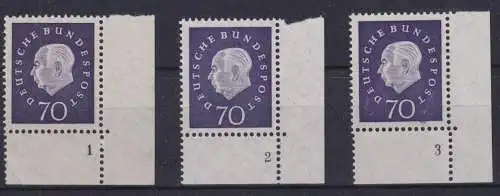 Bund 306 Heuss III 70 Pfg. Bogenecke Eckrand je einmal mit Form-Nr. 1-3 Luxus