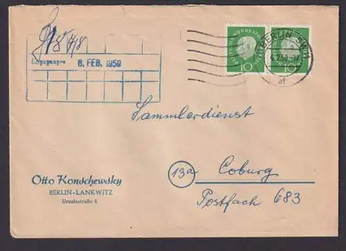 Berlin Brief MEF 183 Heuss waagerechtes Paar Luxus SW 11 n Coburg KatWert 120,00