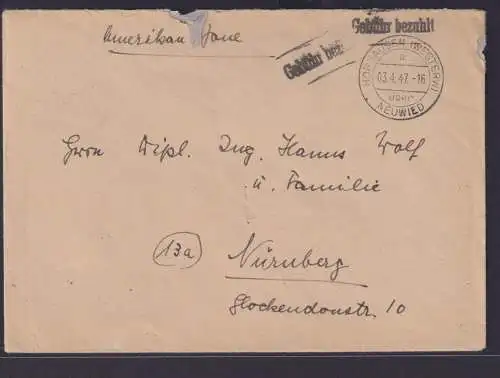 Besetzung Brief Landpoststempel Horhausen Westerwald über Neuwied Gebühr bezahlt