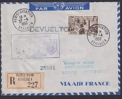 Flugpost R Brief Air Mail Frankreich EF100 Franc Destination Paris Mexico VIAAIR