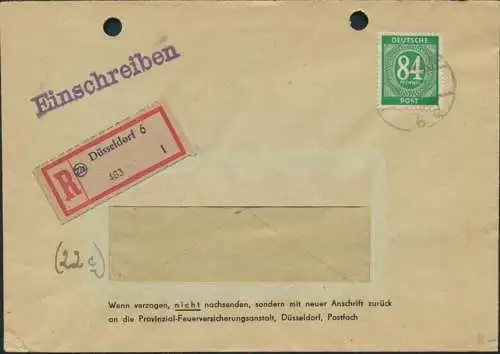 Alliierte Besetzung R-Brief EF 936 Düsselfdorf nach Geilenkirchen 16.10.1947