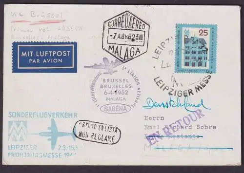 Flugpost Brief Air Mail SABENA Brüssel Belgien Malaga Spanien gute Zuleitung DDR