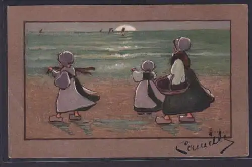 Ansichtskarte Künstlerkarte Sign. Barham Kinder Strand Meer Sonnenuntergang nach