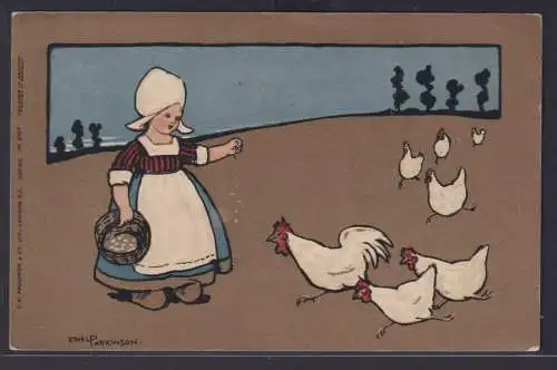 Ansichtskarte Künstlerkarte Sign. Ethel Parkinson Mädchen Hühner Fütterung nach