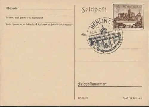 Deutsches Reich Postkarte 730 y selt. SST Berlin 5 Reichsbundestag Brandenburger