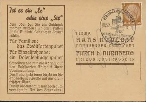 Deutsches Reich Postkarte Reklame 513 X SST Auto Ausstellung Rudloff Lebkuchen