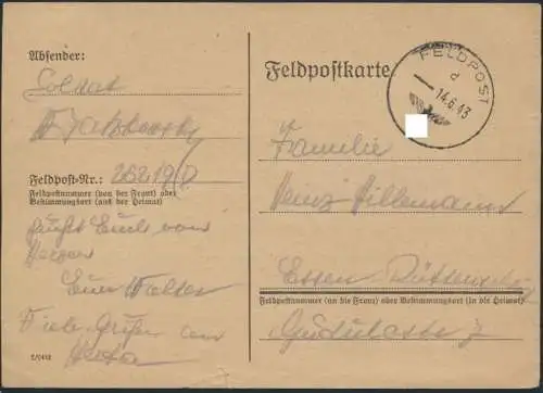 Deutsches Reich stummer Feldpost Nr. 26219 D Rußland nach Essen Rüttenscheid