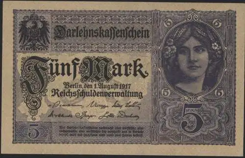 Geldschein Banknote 5 Mark 1917 I. WK Darlehnskassenschein 54 b mit KN 8stellig