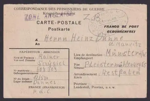 KGF POST Kriegsgefangenenpost II.Weltkrieg Dannes Frankreich Zensur Münster