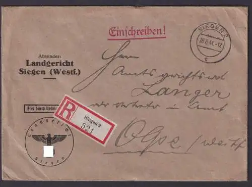 Deutsches Reich Dienst Einschreibe R Brief Siegen Landgericht n. Olpe 28.6.1944