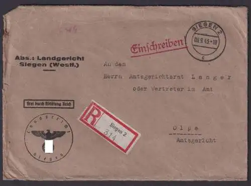 Deutsches Reich Dienst Einschreibe R Brief Siegen Landgericht nach Olpe 9.9.1943
