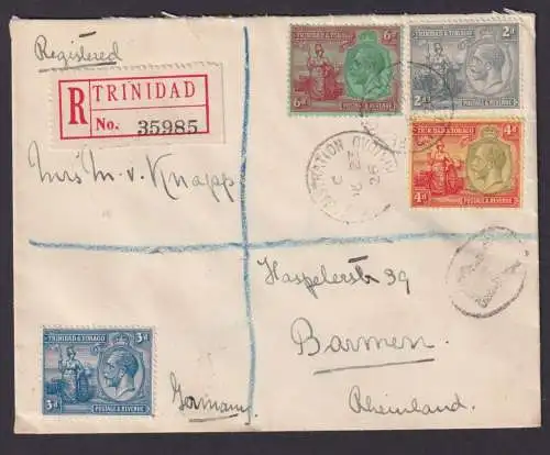 Trinidad & Tobago R Brief King Georg V Karibik nach Barmen 23.12.1926 Ankunft
