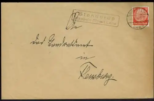 Brief Deutsches Reich Landpoststempel Stenderup Kappeln Schleswig nach Flensburg