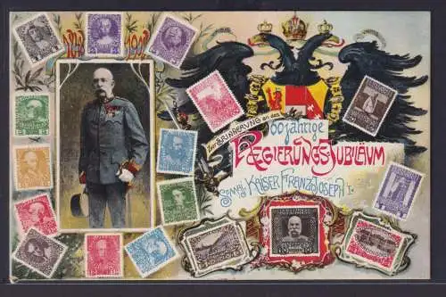 Ansichtskarte Monarchie Briefmarken Ihre Majestät Kaiser Franz Josef I zum 60