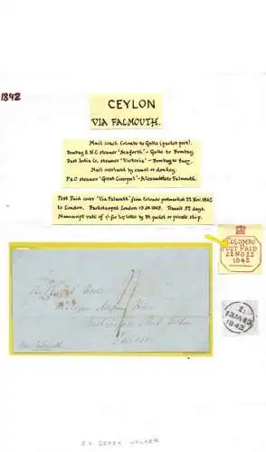Ceylon ships post Schiffspostbrief Colombo Post Paid 22. No. via Falmouth London