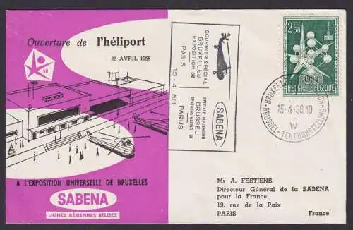 Helikopter Flugpost Brief Air Mail Sabena Ausstellung Brüssel Belgien 15.4.1958