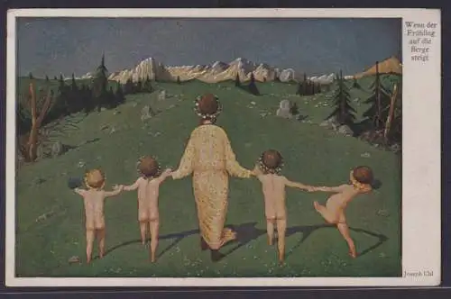 Ansichtskarte Künstlerkarte Frau Kinder Frühlingserwachen Landschaft Berge
