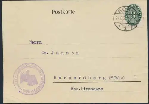 Deutsches Reich Karte Dienst EF 8 b opalgrün Bonn n. Hermersberg Pfalz 24.6.1930