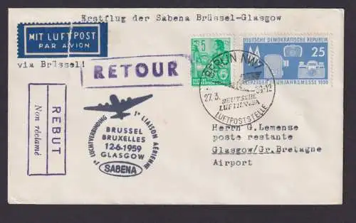 Flugpost Brief Air Mail SABENA Brüssel Belgien Gassgow Schootland selt. DDR