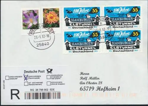 Bund Brief Einschreiben MIF 2462+2480+2890 Viererblock Friedrichstadt n.Hofheim