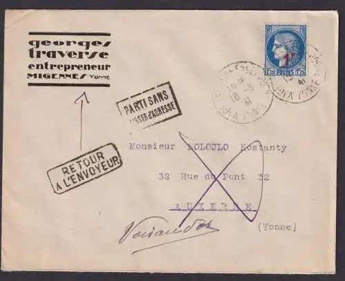 Bahnpost Frankreich Brief Migennes Yonne nach Auxerre + zurück 1 Franc Aufdruck