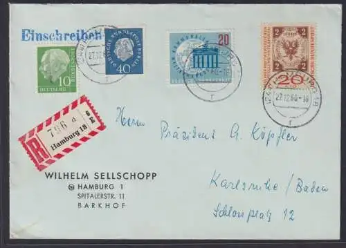 Berlin R Brief mit attraktiver Frankatur Heuss I+III u.a. Hamburg Karlsruhe 1960