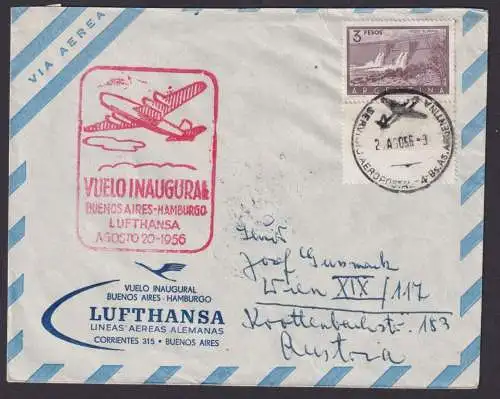 Flugpost Brief Air Mail Argentinien Lufthansa 627 mit gezähntem Leerfeld 1956