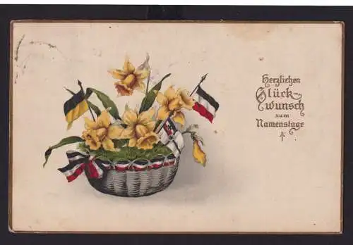 Ansichtskarte Blumenbuquet Fahnen Namenstag Deutsche Reichs Farben