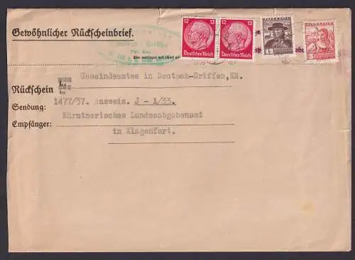 Deutsches Reich Brief Gewöhnlicher Rückscheinbrief Österreich Deutsch Griffen