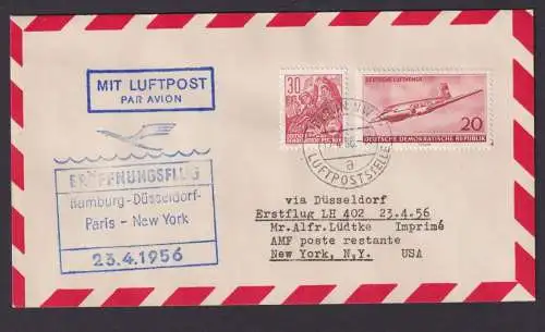 Flugpost Brief Air Mail Lufthansa Hamburg Düsseldorf Paris New York Zuleitung