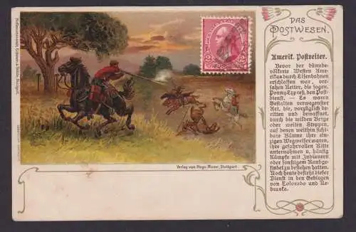 Postsache Ansichtskarte USA Pioniere Indianer Postreiter feuert vom Pferd auf