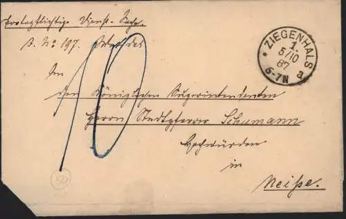 Deutsches Reich markenloser Brief K1 Ziegenhals n. Neisse nachtaxiert rs. mit
