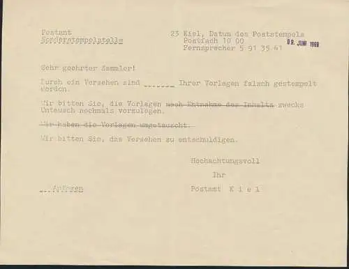 Kiel Post Postsache 2 verschied. Belege 1969 Schleswig Holstein Prüfzettel u.a