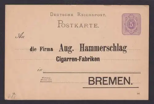 Bremen Deutsches Reich Privatganzsache Reklame Aug. Hammerschlag Cigarren Fabrik