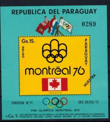 Paraguay Olympia Sport Block 240 Sommerspiele Montreal Aufdruck Muestra Luxus