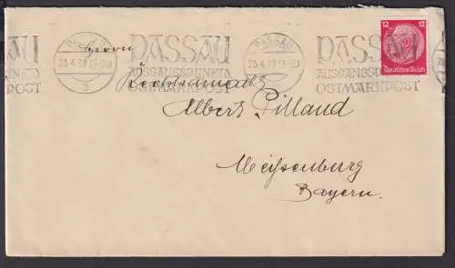 Deutsches Reich Brief SST Passau Ausgangspunkt d. Ostmarkpost n. Meißenburg