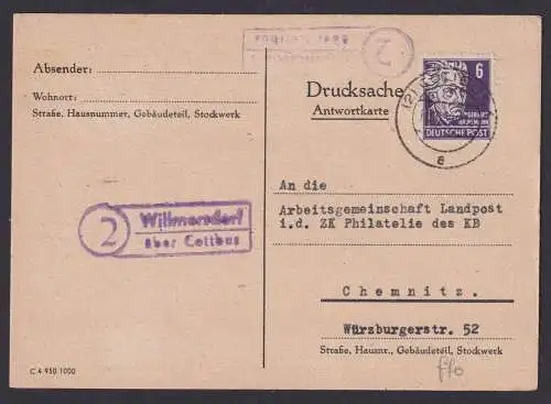 Willmersdorf über Cottbus Brandenburg DDR Postkarte Landpoststempel n. Chemnitz