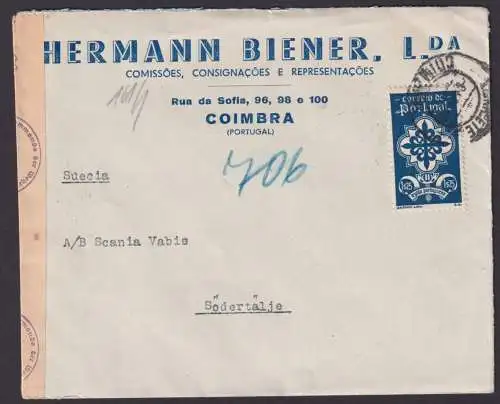 Coimbra Portugal Zensur Brief Södertälje Schweden Gewerbe Hermann Biener