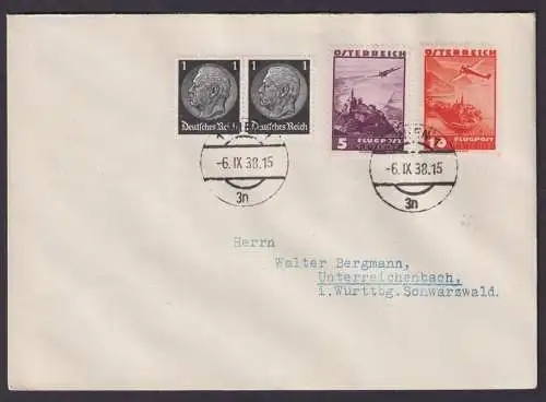 Flugpost Österreich Brief MIF Deutsches Reich Wien 1 nach Unterreichenbach 1938